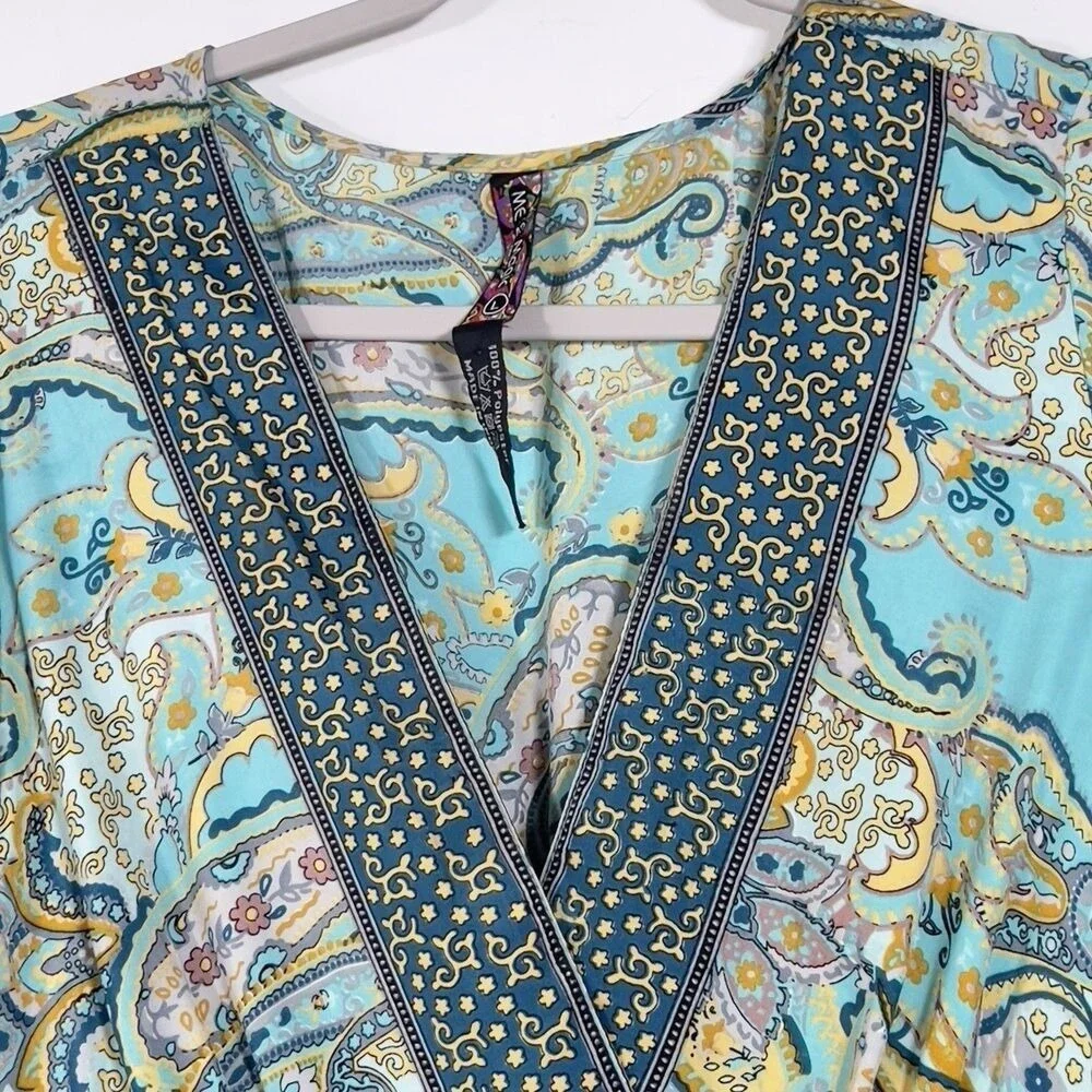 ME 2 MAGIC Maxi Dress Womens Sz L Green Paisley 3/4 Sleeve Bohemian